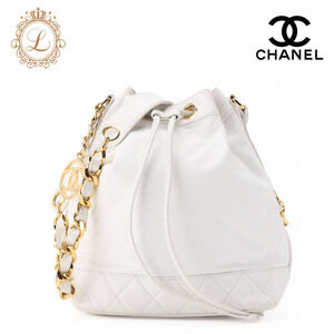 Chanel Coco Mark Circle Drawstring Shoulder Bag White Lambskin